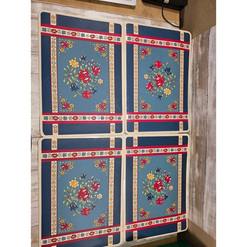 Town & Country Luxe Folk Art Floral Vinyl Placemats Blue Red Set of 4 10881VPM